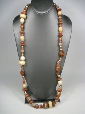 Long Multi Tonal Wooden Beaded Necklace Tribal Boho Hippie 35 in Approx